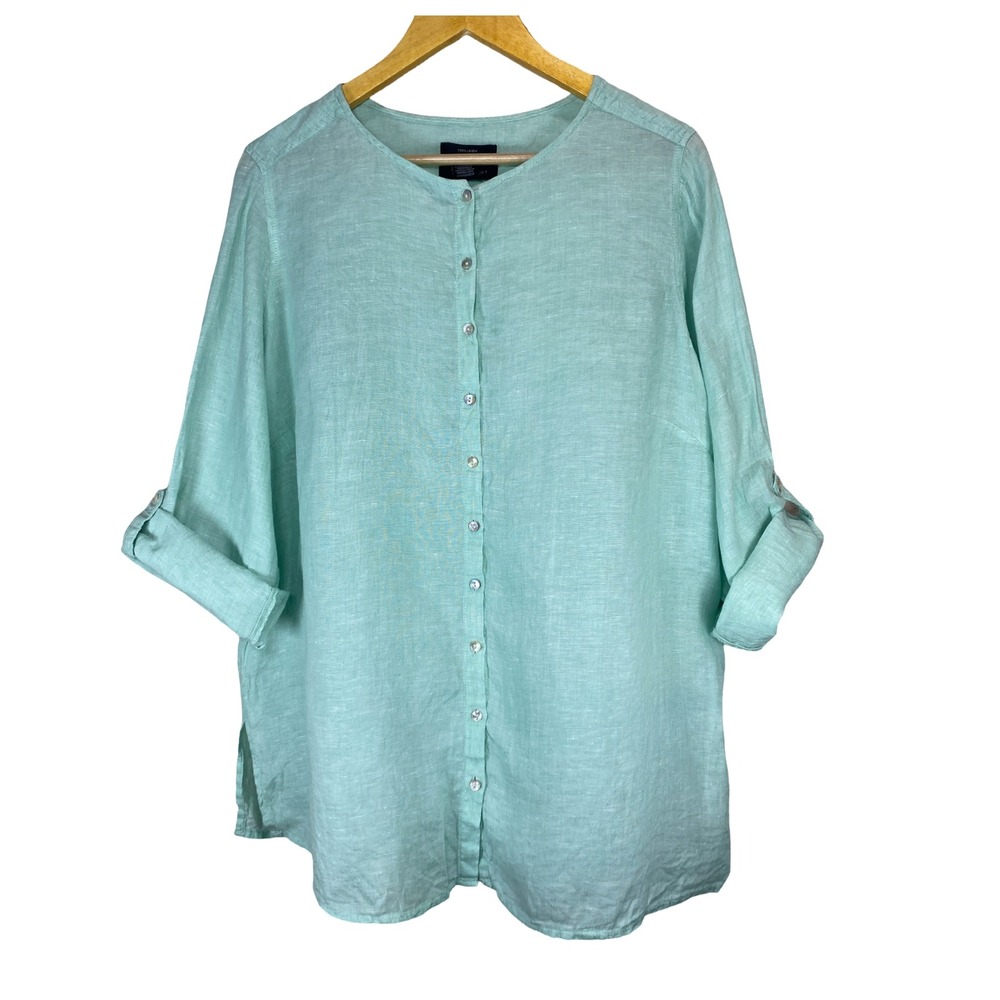 Tahari Aqua 100% Linen Roll Tab Sleeve Button Down Shirt 1X Coastal Beachy Vacay